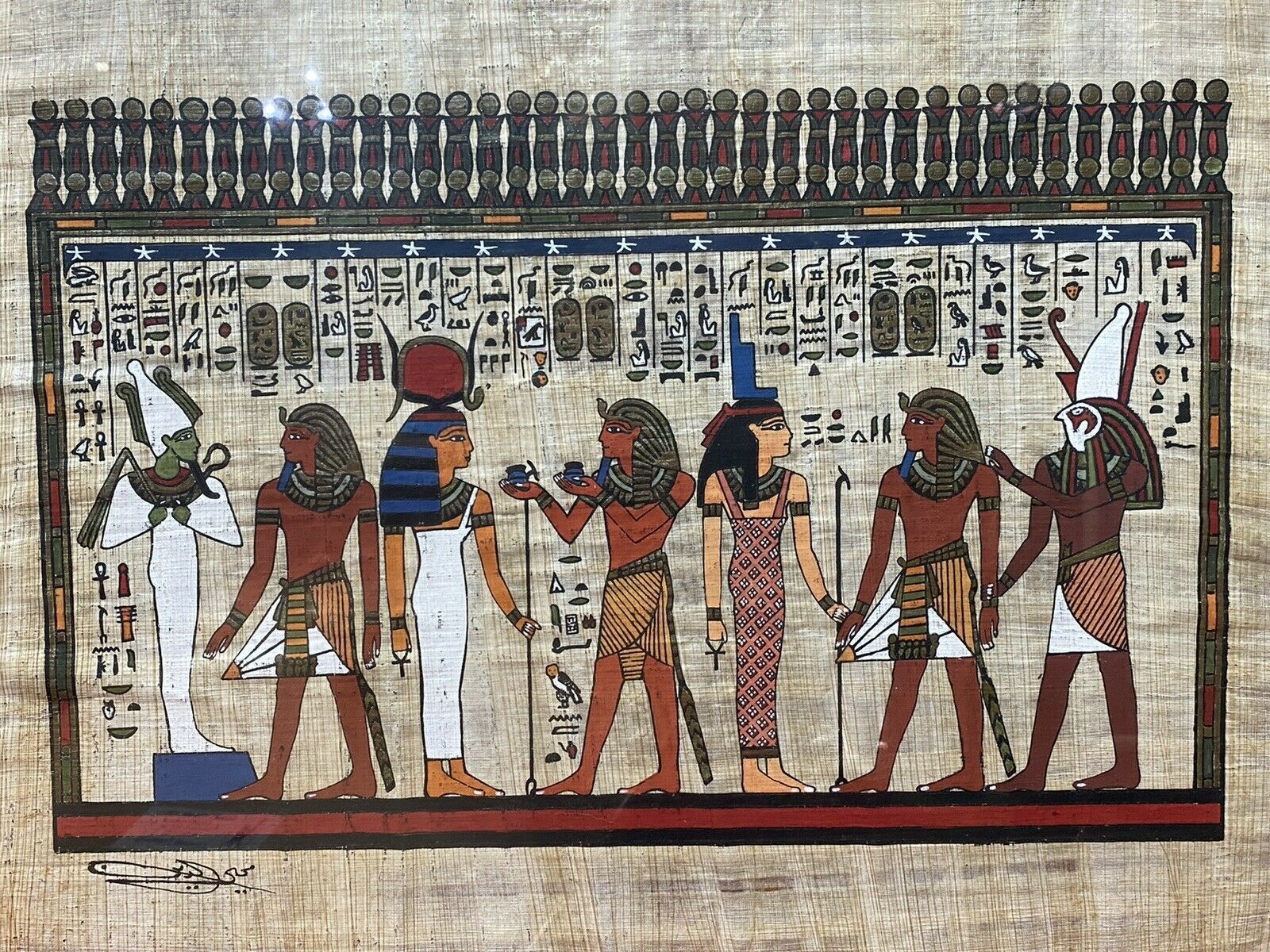 photo for sale Trio Of Egyptian Hieroglyphic Artworks On Papyrus Set In Glazed Frames