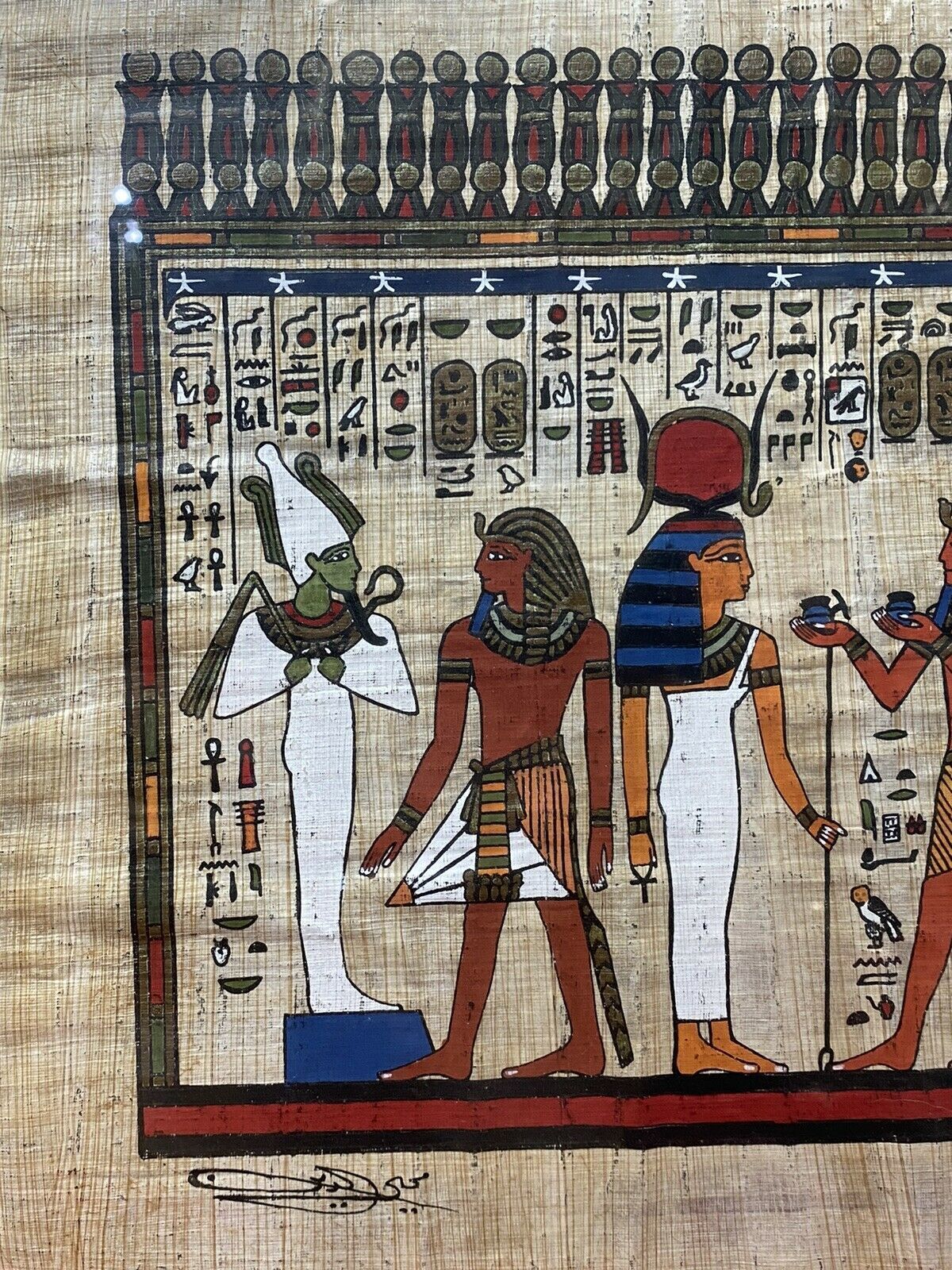 Art Trio Of Egyptian Hieroglyphic Artworks On Papyrus Set In Glazed Frames photo
