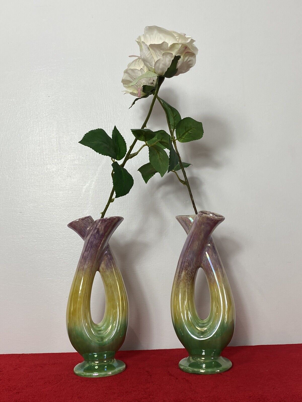 Stunning Pair Of Mid Century German Tri Colour Lustreware Tulip Vases photo for sale
