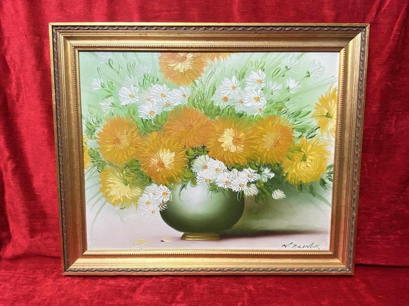 Exuberant Art Deco Chrysanthemums Still Life Oil Painting Signed N Elinor