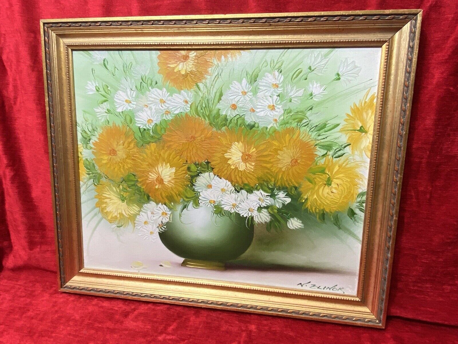 Exuberant Art Deco Chrysanthemums Still Life Oil Painting Signed N Elinor photo Art