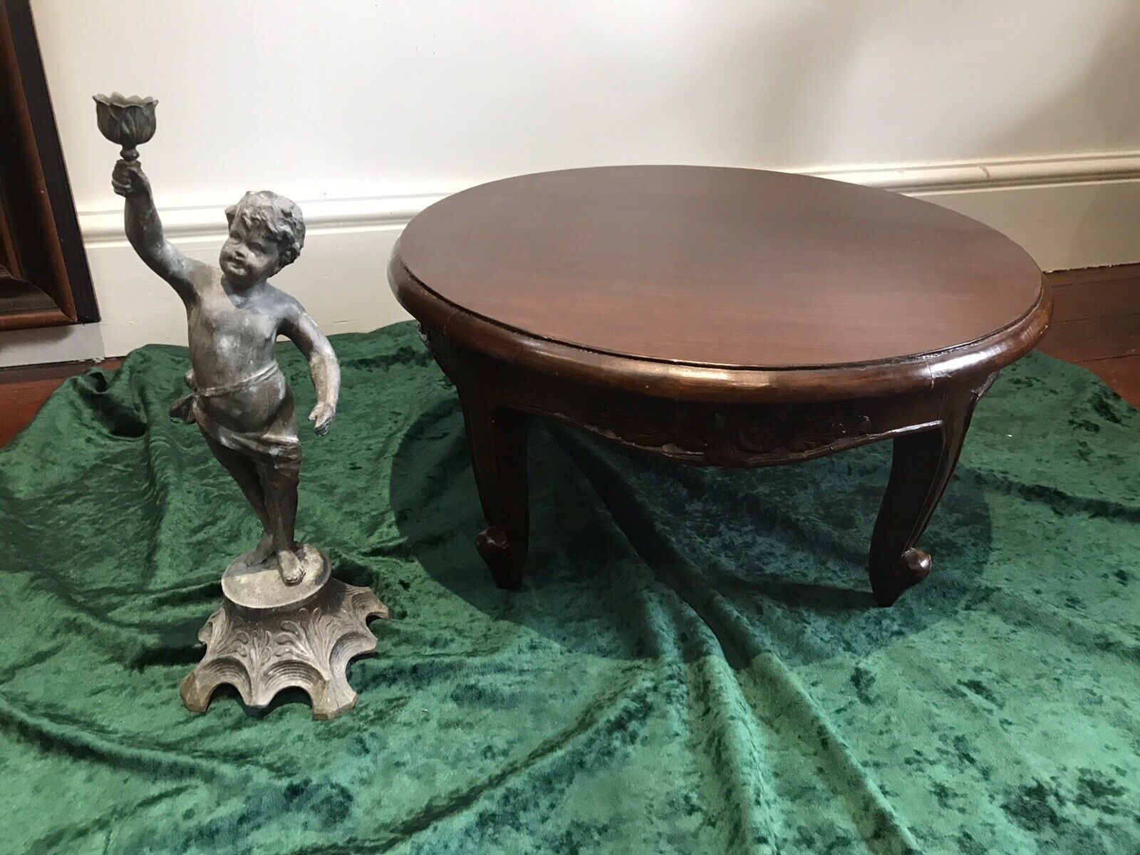 photo for sale Vintage Circular Lowline Ornate Floral Carved Table On Cabriole Legs