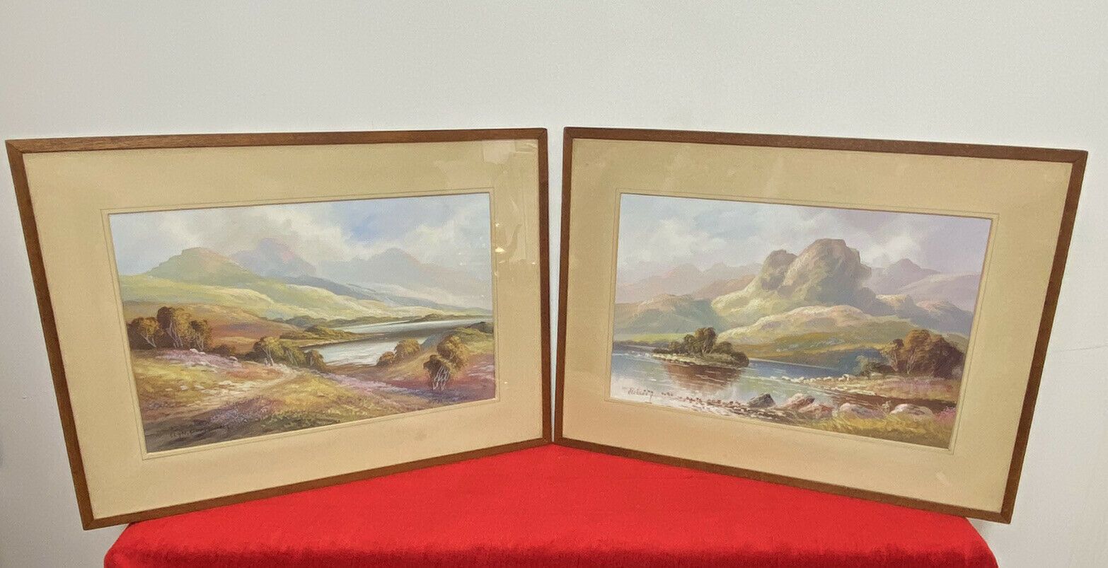 Stunning Pair Of Glazed Gouache Impressionist Paintings By Artist H T Watson
