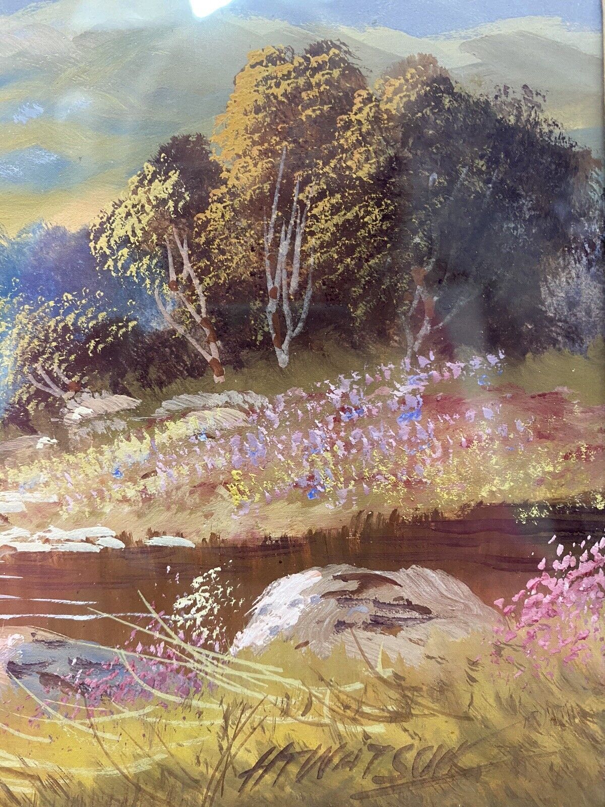 photo for sale Stunning Pair Of Glazed Gouache Impressionist Paintings By Artist H T Watson