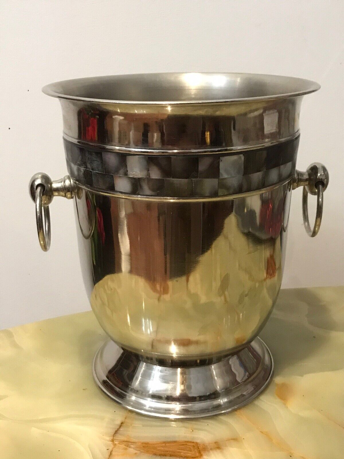 Reproduction Silver Plate Champagne Bucket With Mother Of Pearl Banding photo for sale