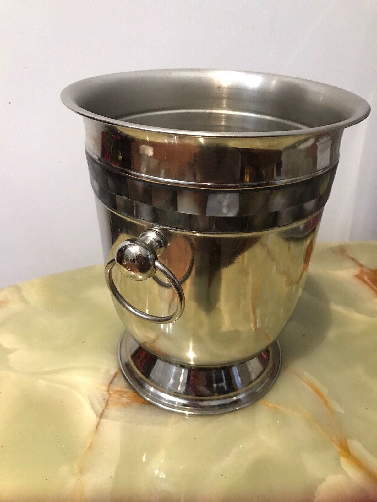 Reproduction Silver Plate Champagne Bucket With Mother Of Pearl Banding photo vinterior