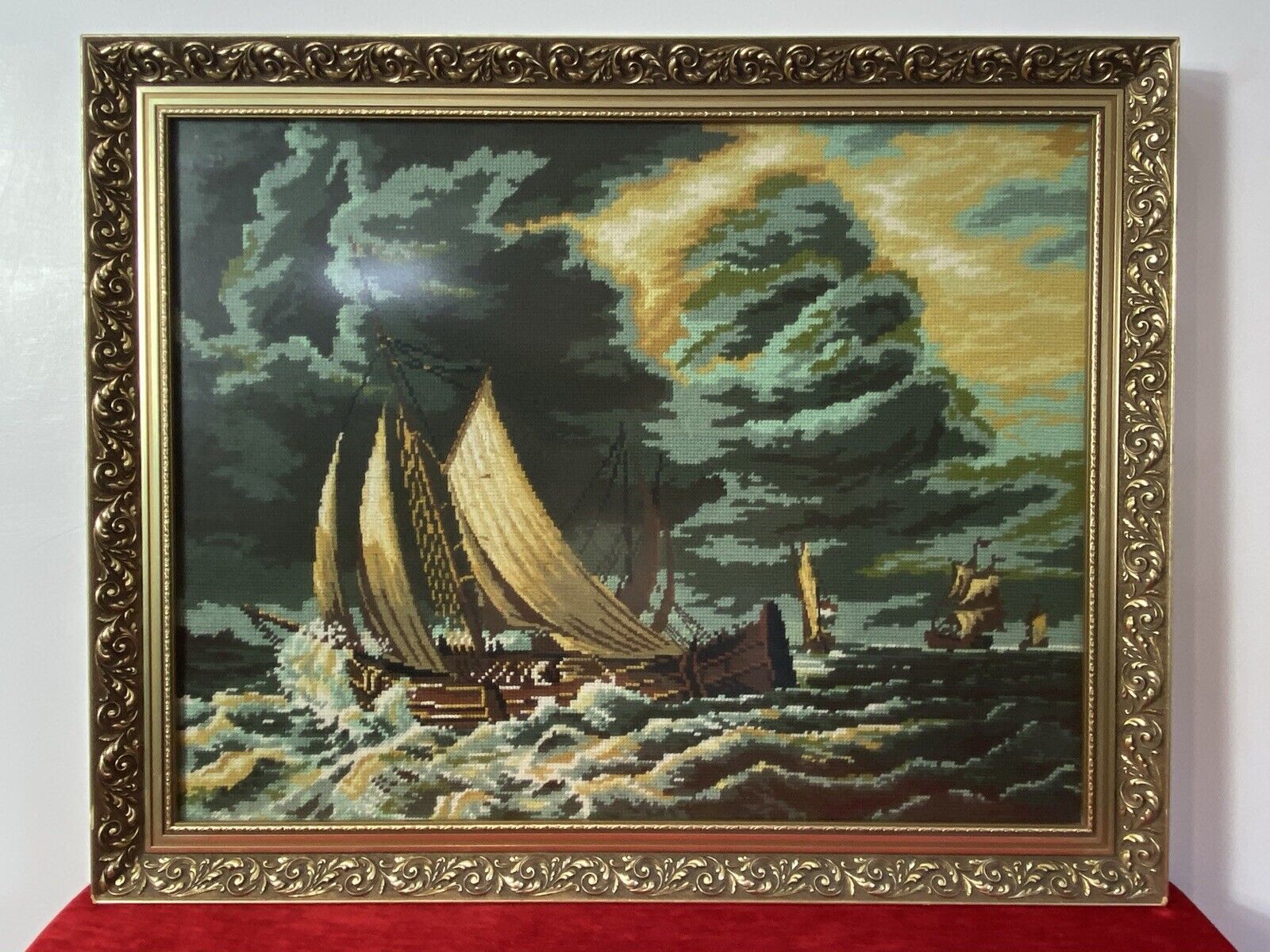 Large Maritime Wool Work Tapestry Masterpiece Of Sailing Ships Upon Stormy Sea photo furniture