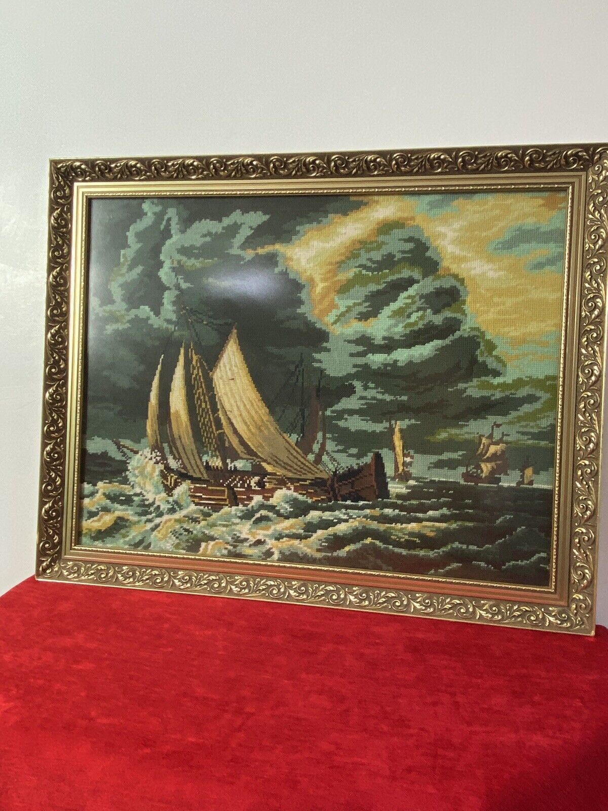 Large Maritime Wool Work Tapestry Masterpiece Of Sailing Ships Upon Stormy Sea photo 275.0