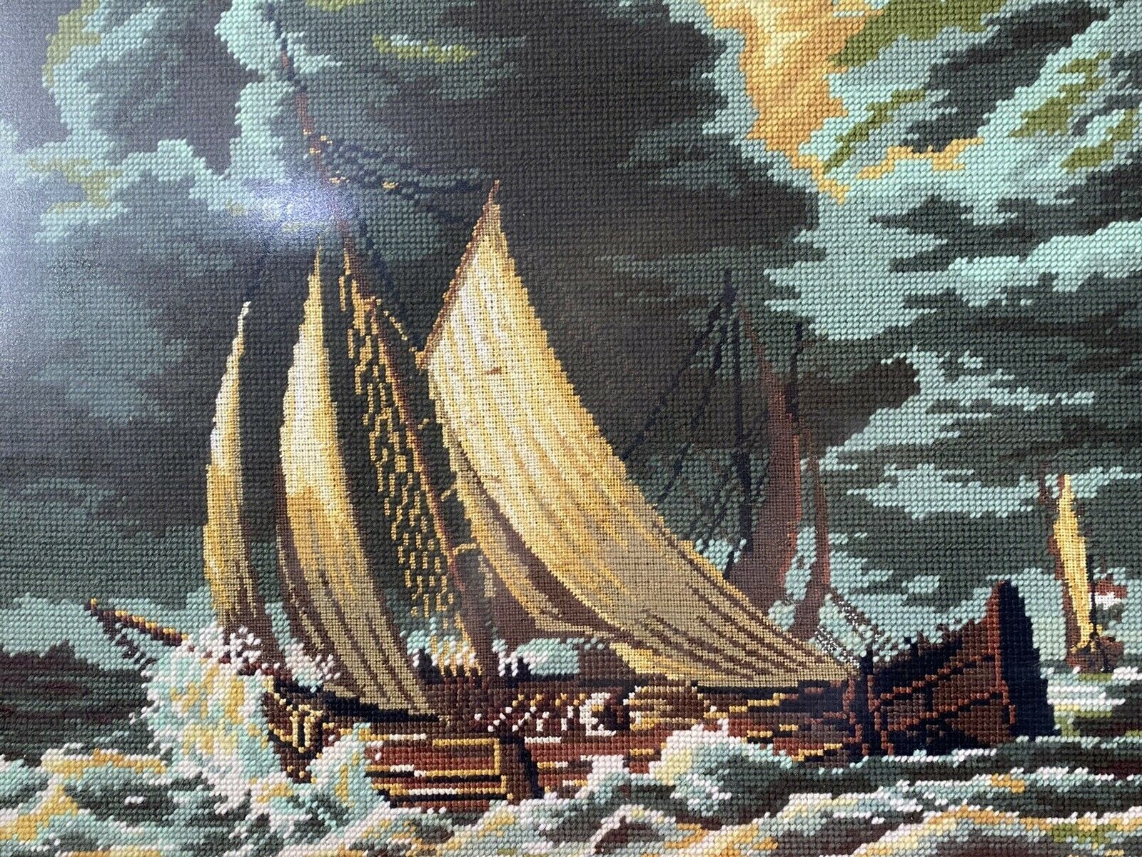 Large Maritime Wool Work Tapestry Masterpiece Of Sailing Ships Upon Stormy Sea photo buy