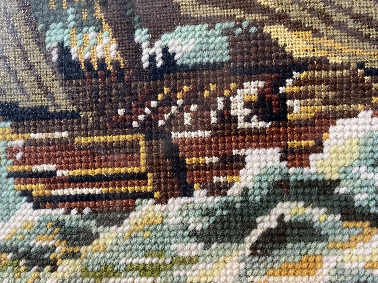 Large Maritime Wool Work Tapestry Masterpiece Of Sailing Ships Upon Stormy Sea photo vintage