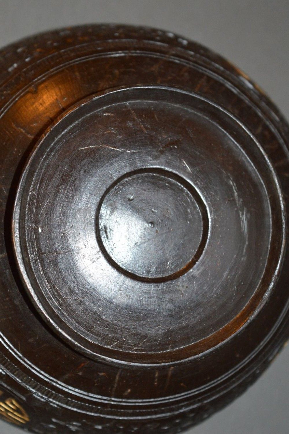 19 Th Century Chinese Carved Coconut Bowl,C1870. Chou Symbols In Gilt photo vintage
