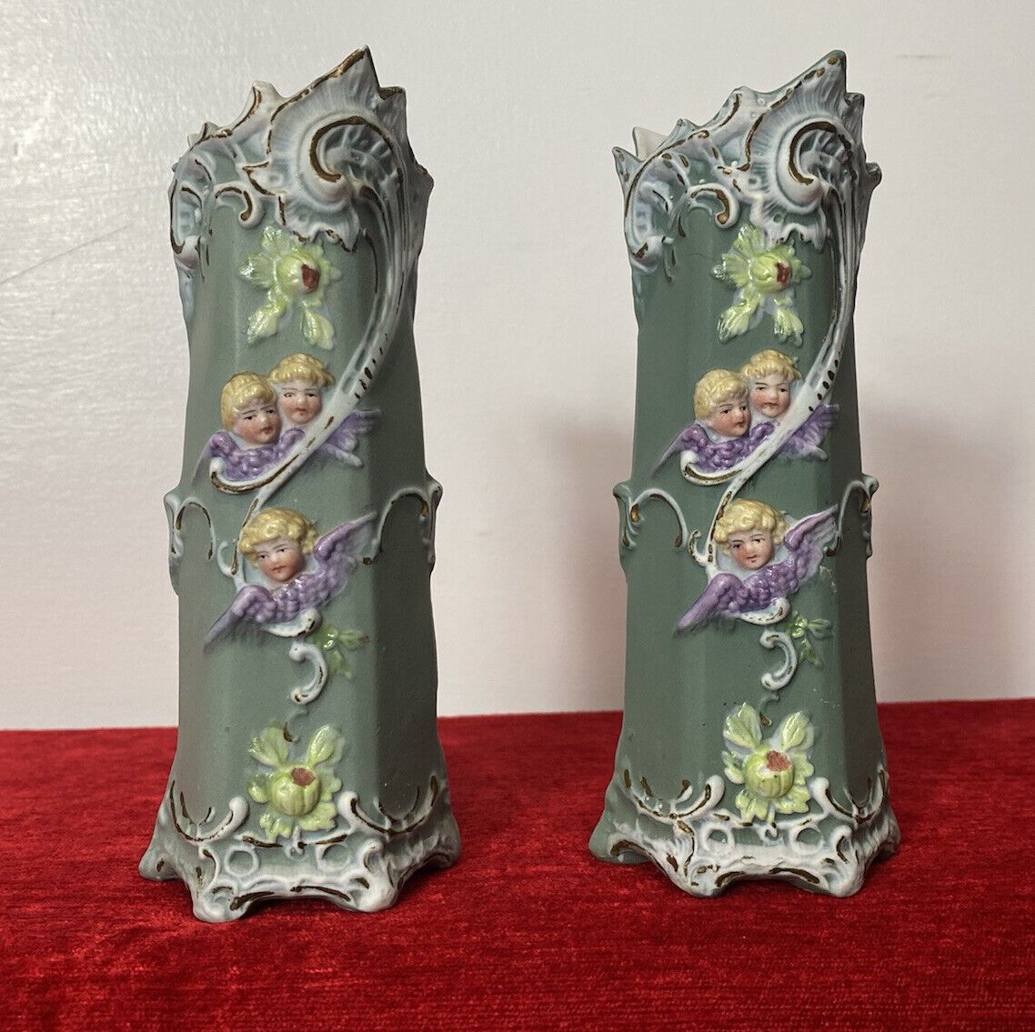 Pair Of Elaborate Parian Ware 'Trio Of Winged Putti' Hexagonal Posey Vases