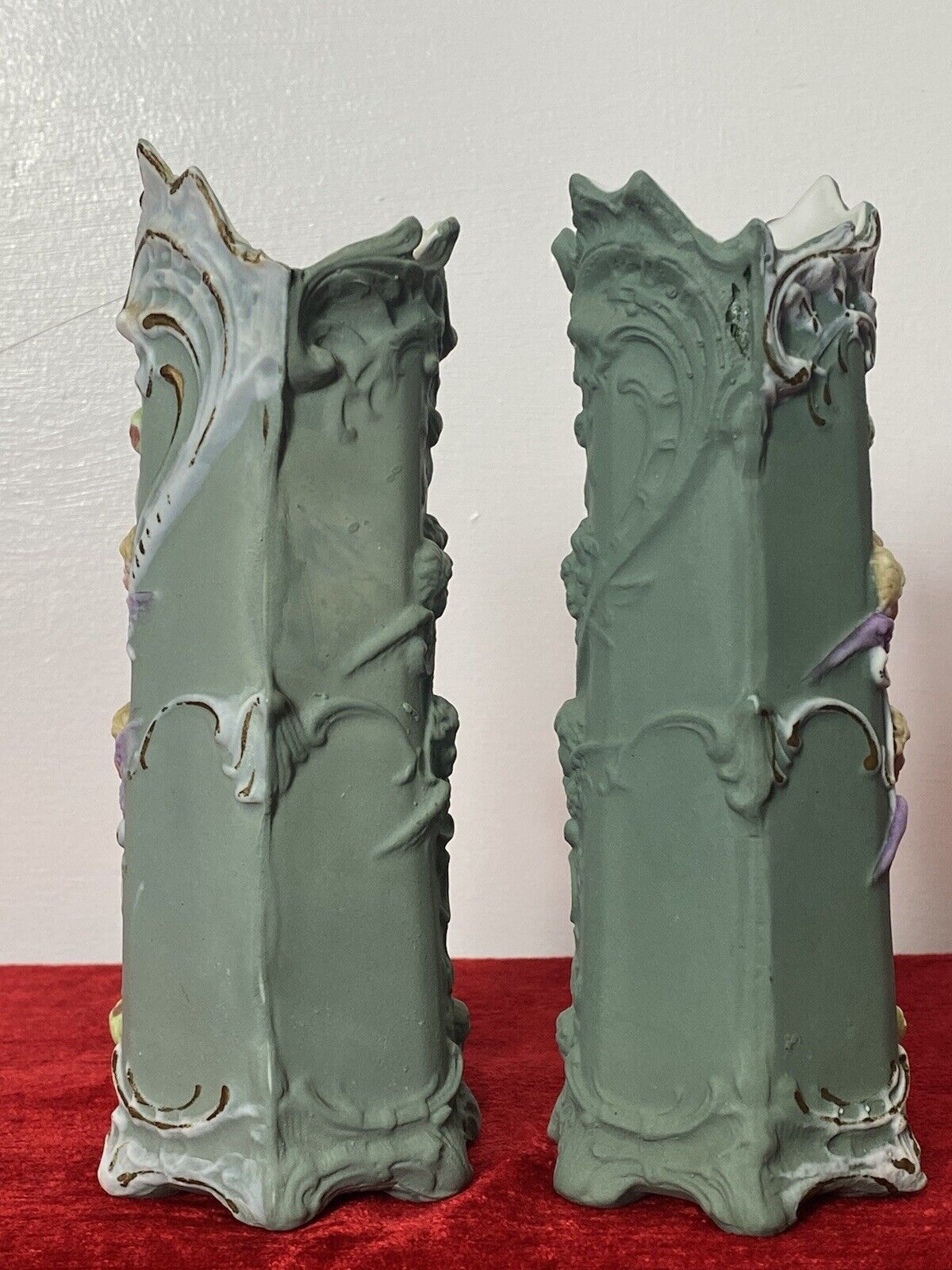 Pair Of Elaborate Parian Ware 'Trio Of Winged Putti' Hexagonal Posey Vases photo buy