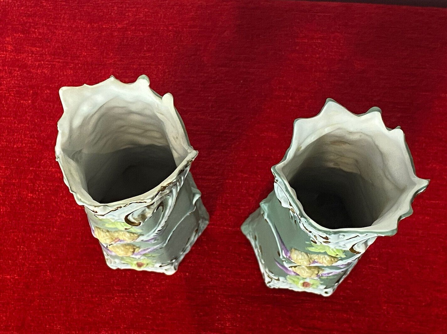 photo for sale Pair Of Elaborate Parian Ware 'Trio Of Winged Putti' Hexagonal Posey Vases