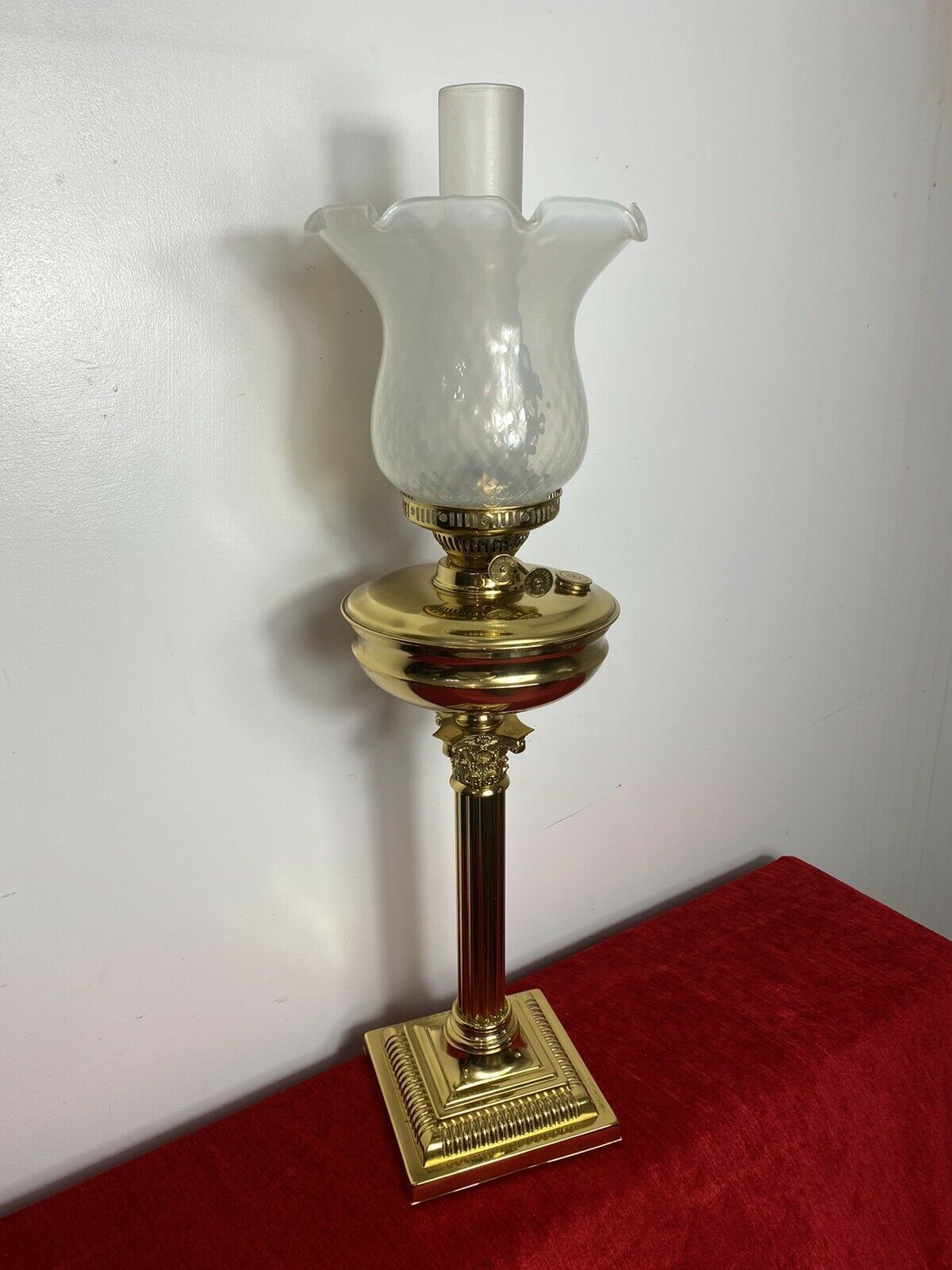 Brass Corinthian Column Table Oil Lamp With White Opaque Glass Funnel & Shade photo Lighting