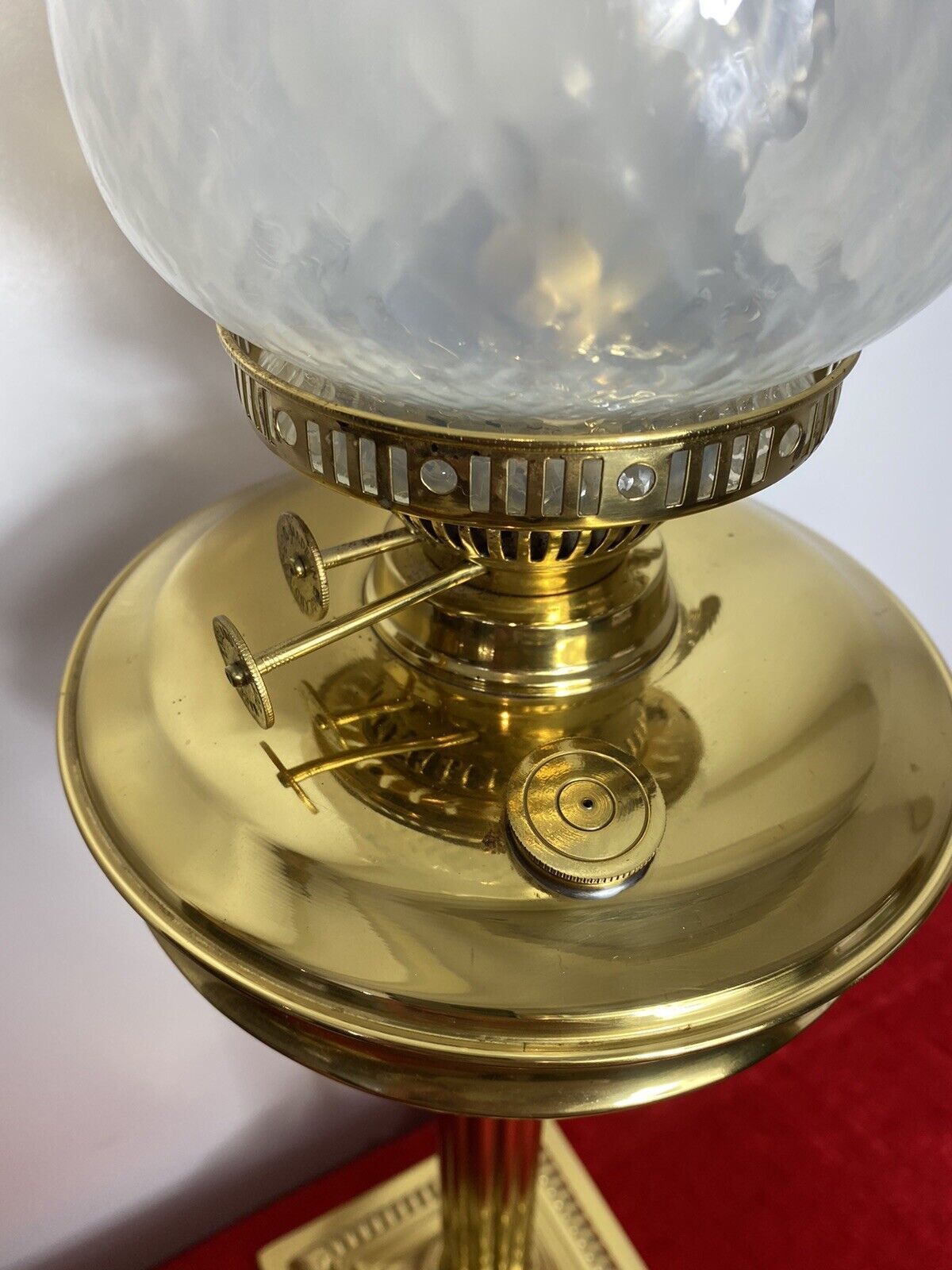 Brass Corinthian Column Table Oil Lamp With White Opaque Glass Funnel & Shade photo buy