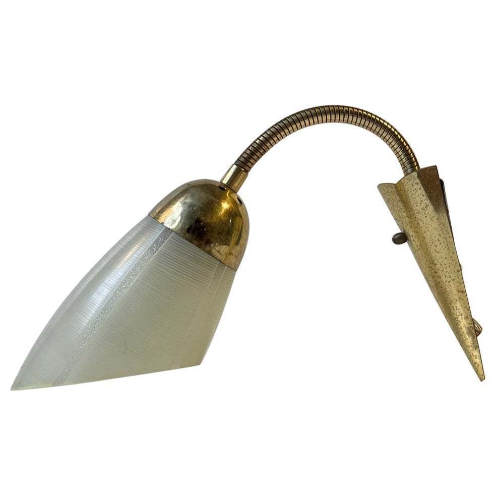 Scandinavian Modern Wall Sconce In Brass And Striped Glass, 1950s photo vinterior