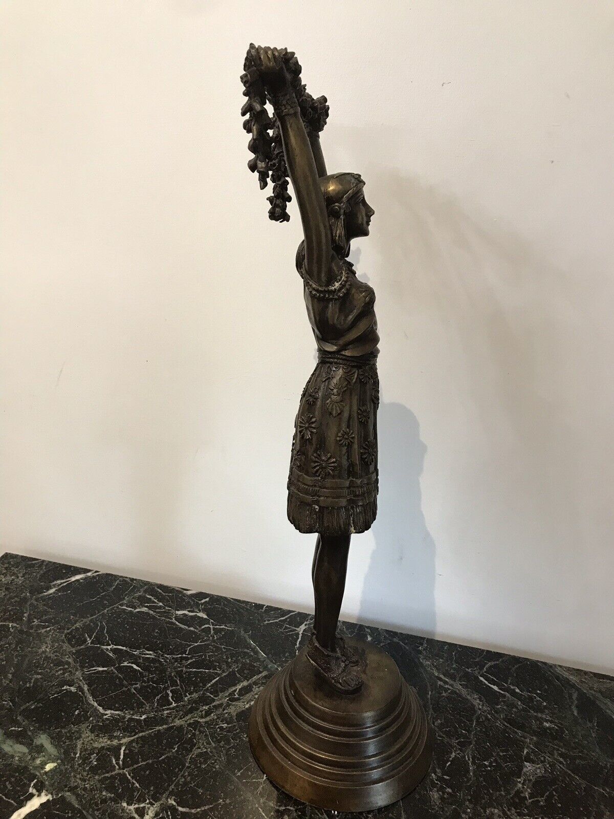 Art Nouveau Style Bronze Statue Of Dancing Girl Upon Bronze Circular Base photo for sale