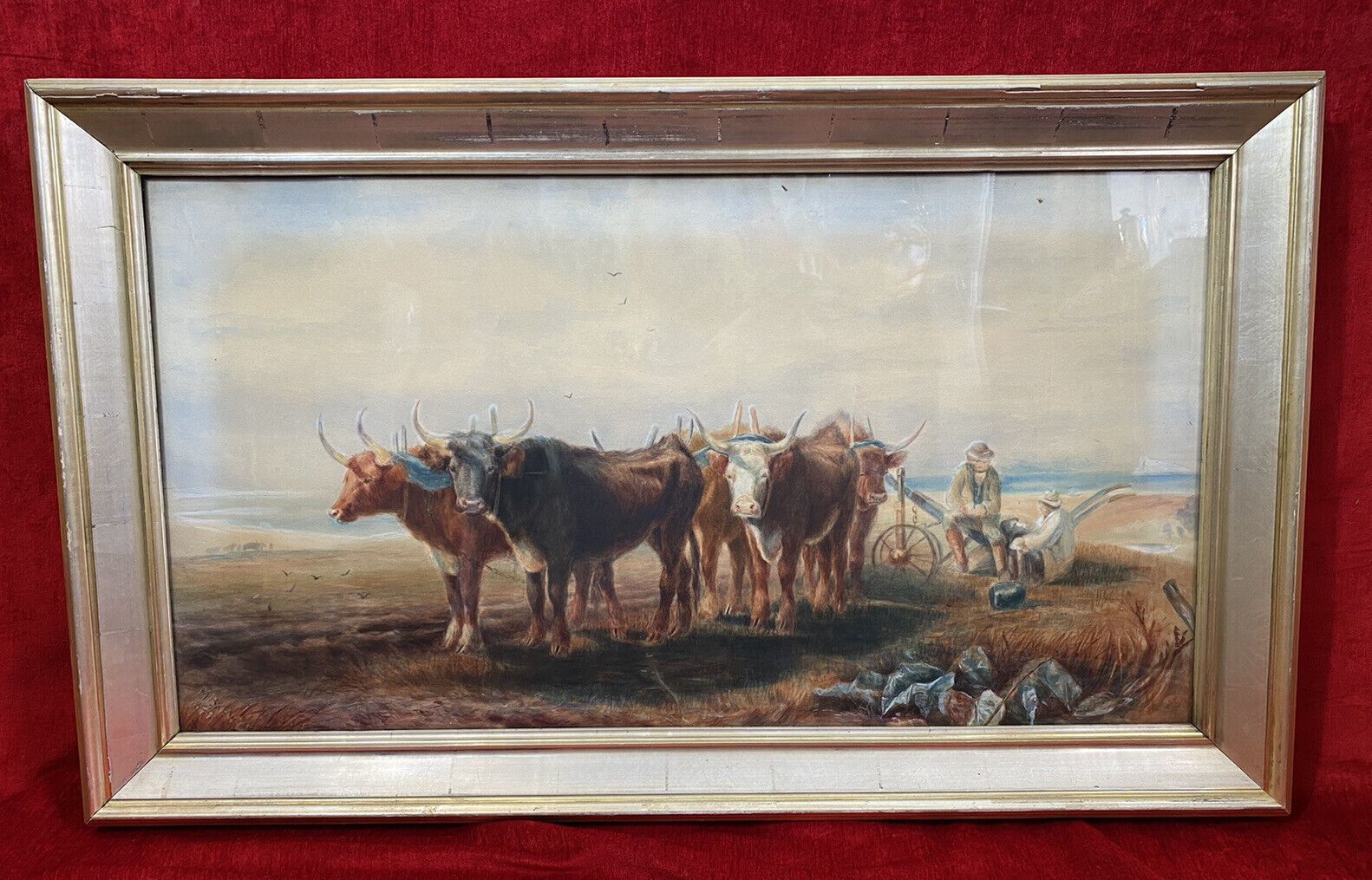 19th Century Scottish School Watercolour Of Highland Oxen With Plough Signed