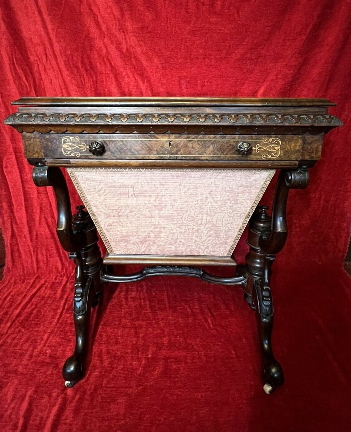 Victorian C1860 Museum Quality Burl Walnut And Marquetry Inlaid Sewing Table