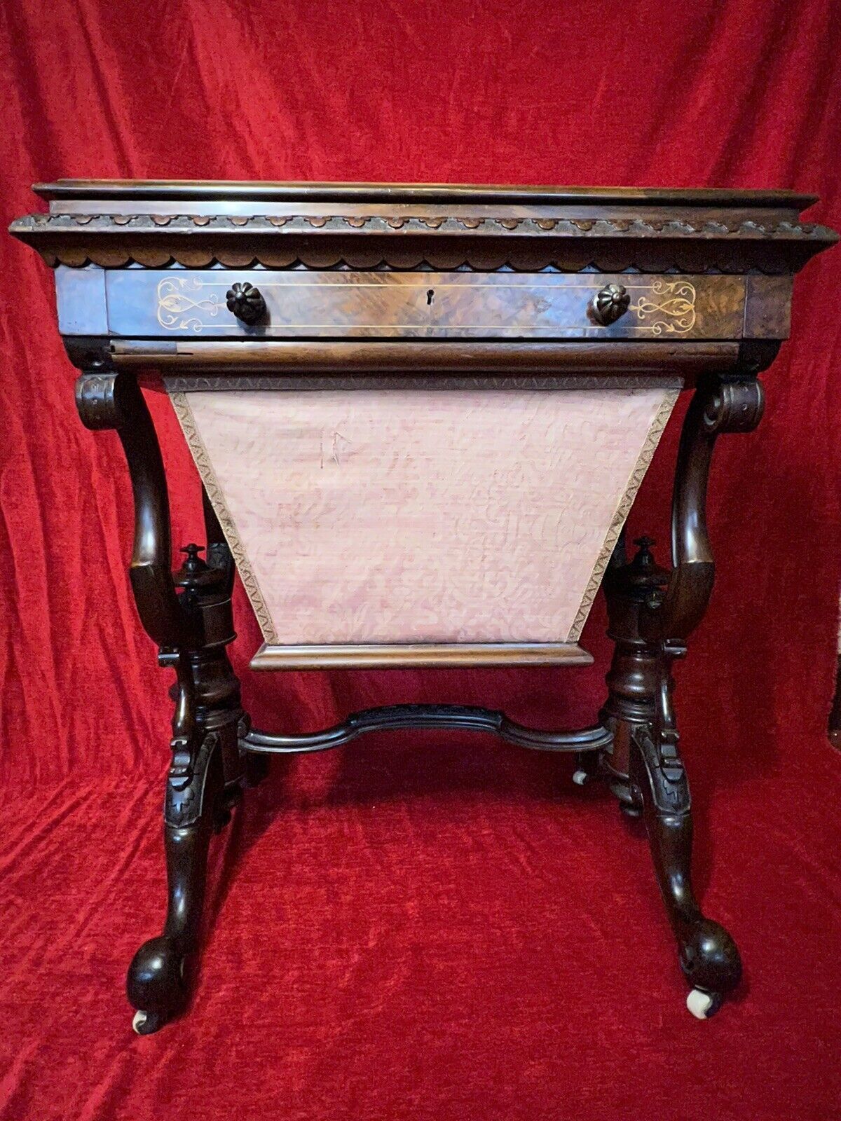 Victorian C1860 Museum Quality Burl Walnut And Marquetry Inlaid Sewing Table photo furniture