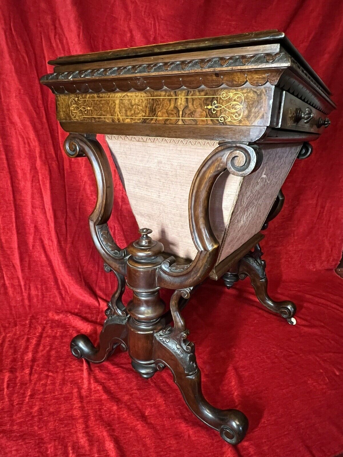 Victorian C1860 Museum Quality Burl Walnut And Marquetry Inlaid Sewing Table photo for sale