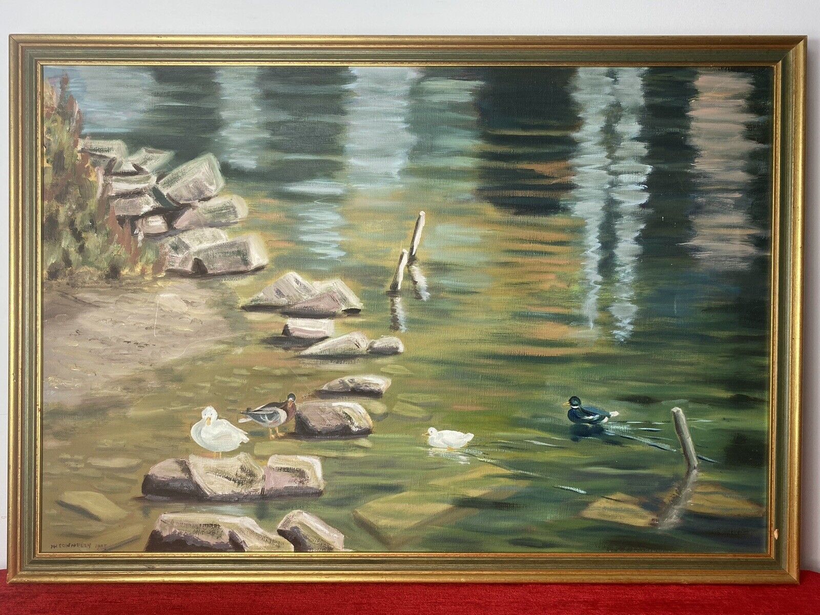 20th Century Ducklings With Stepping Stones Oil Painting Signed H H Connelly