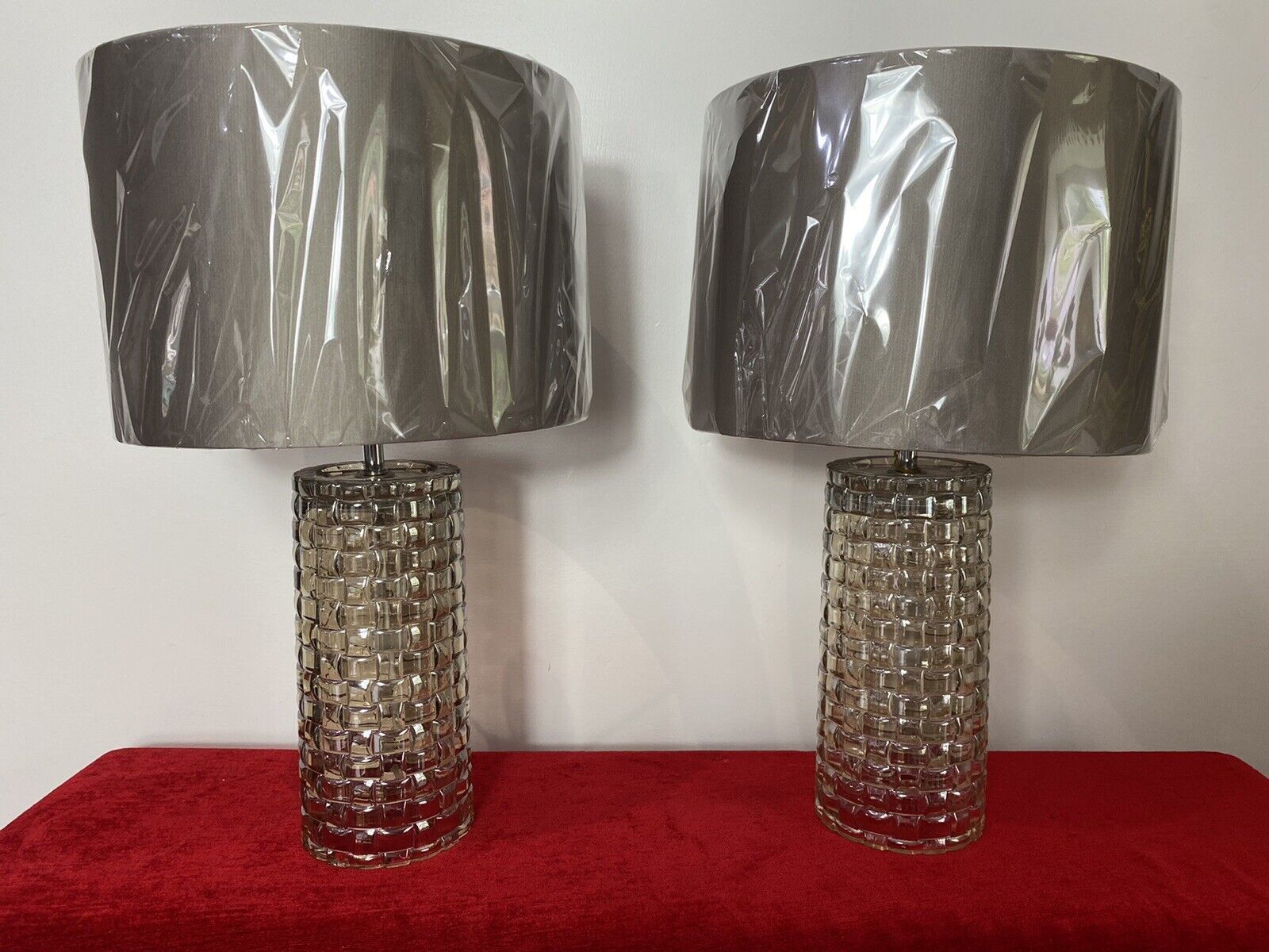 photo for sale Pair Modern Art Contemporary Geometric Glass Lamps With Shades