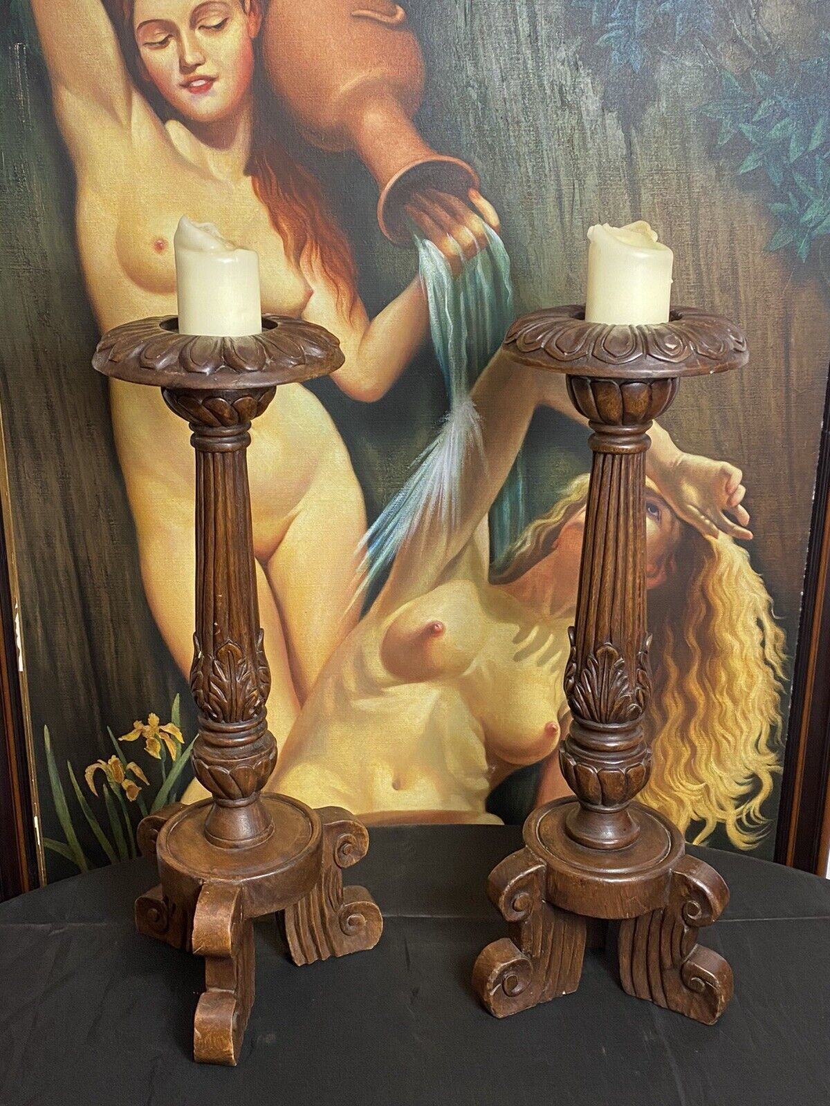 19th Century Pair Of Gothic Carved Walnut Tripod Candle Stands