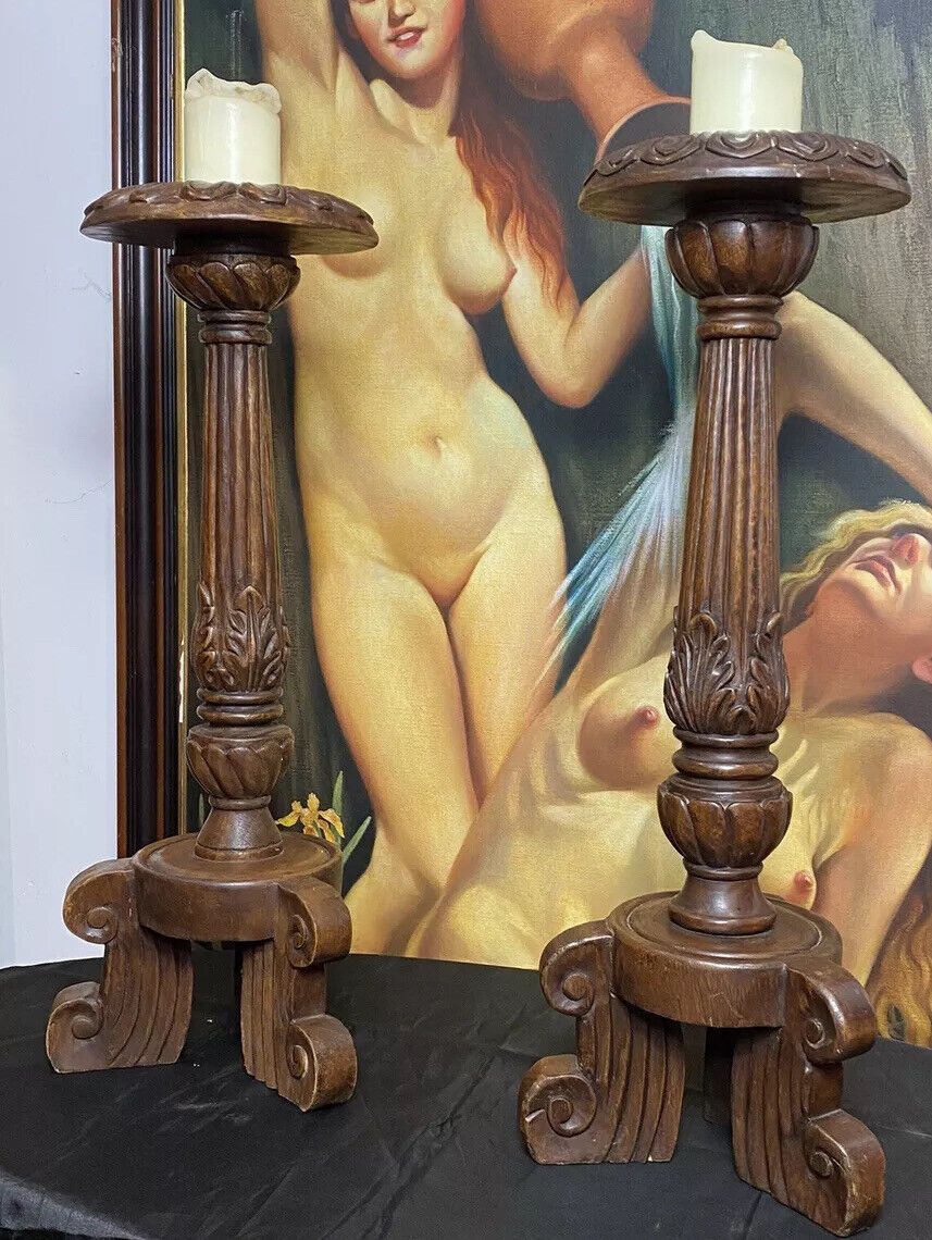 photo for sale 19th Century Pair Of Gothic Carved Walnut Tripod Candle Stands
