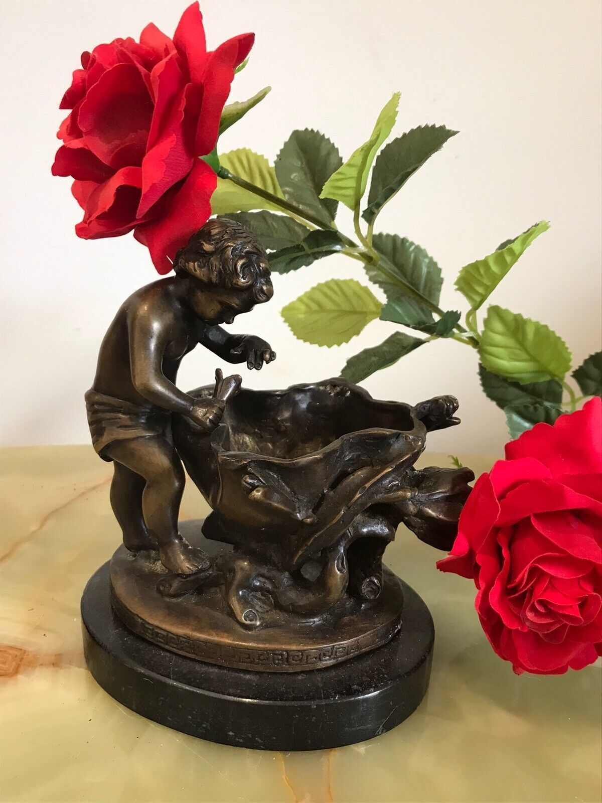 Charming Fine Reproduction French Bronze Cherub With Flora Urn Statue