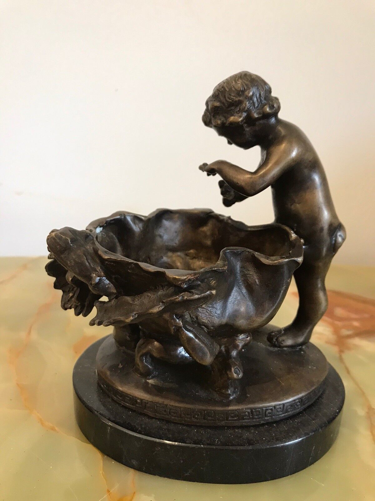 Charming Fine Reproduction French Bronze Cherub With Flora Urn Statue photo vinterior