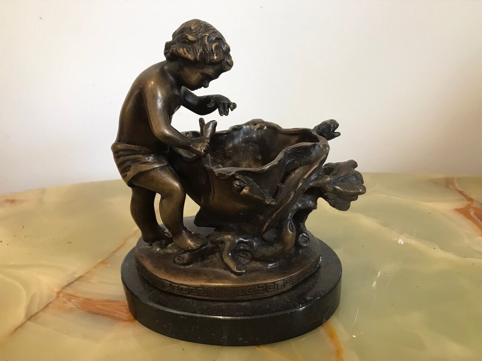 photo for sale Charming Fine Reproduction French Bronze Cherub With Flora Urn Statue