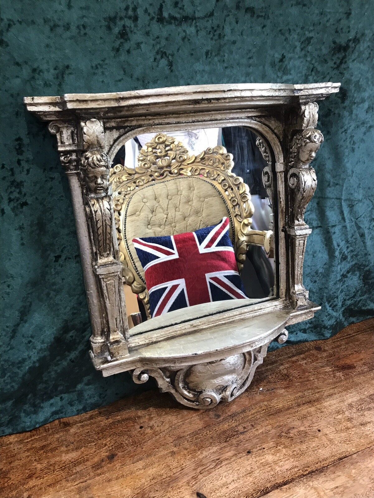 photo furniture Italian Reproduction Silver Serpentine Shaped Cherub Pier Glass Mirror
