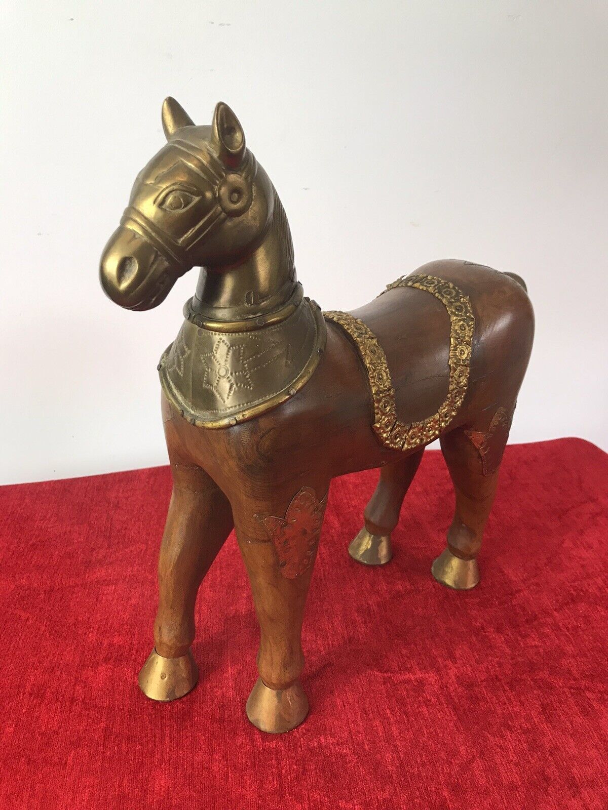 Vintage Carved Wooden Sculpture Of Trojan Horse Of Troy With Brass Details