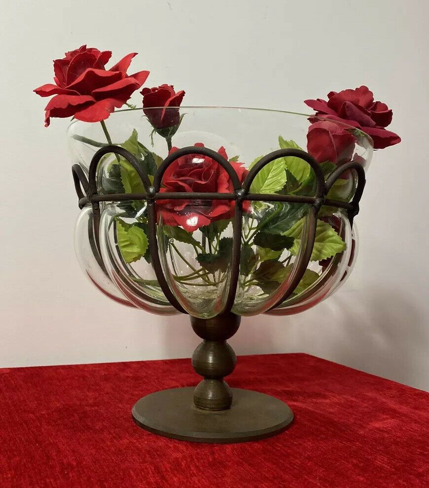 Daum And Majorelle Style Art Deco Blown Glass And Wrought Iron Centrepiece Bowl photo for sale