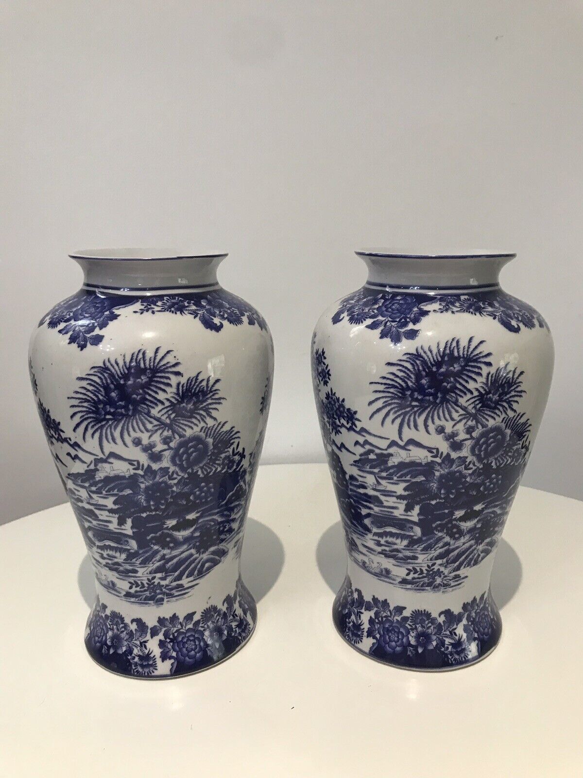 Pair Of Fine Landscape Oriental Pictorial Scene Porcelain Glazed Vases photo for sale