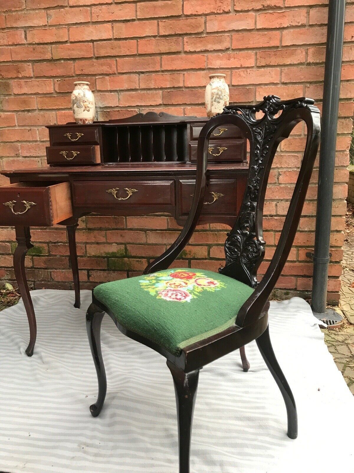 Ladies Period Art Nouveau Spanish Mahogany Writing Table With Chair photo for sale
