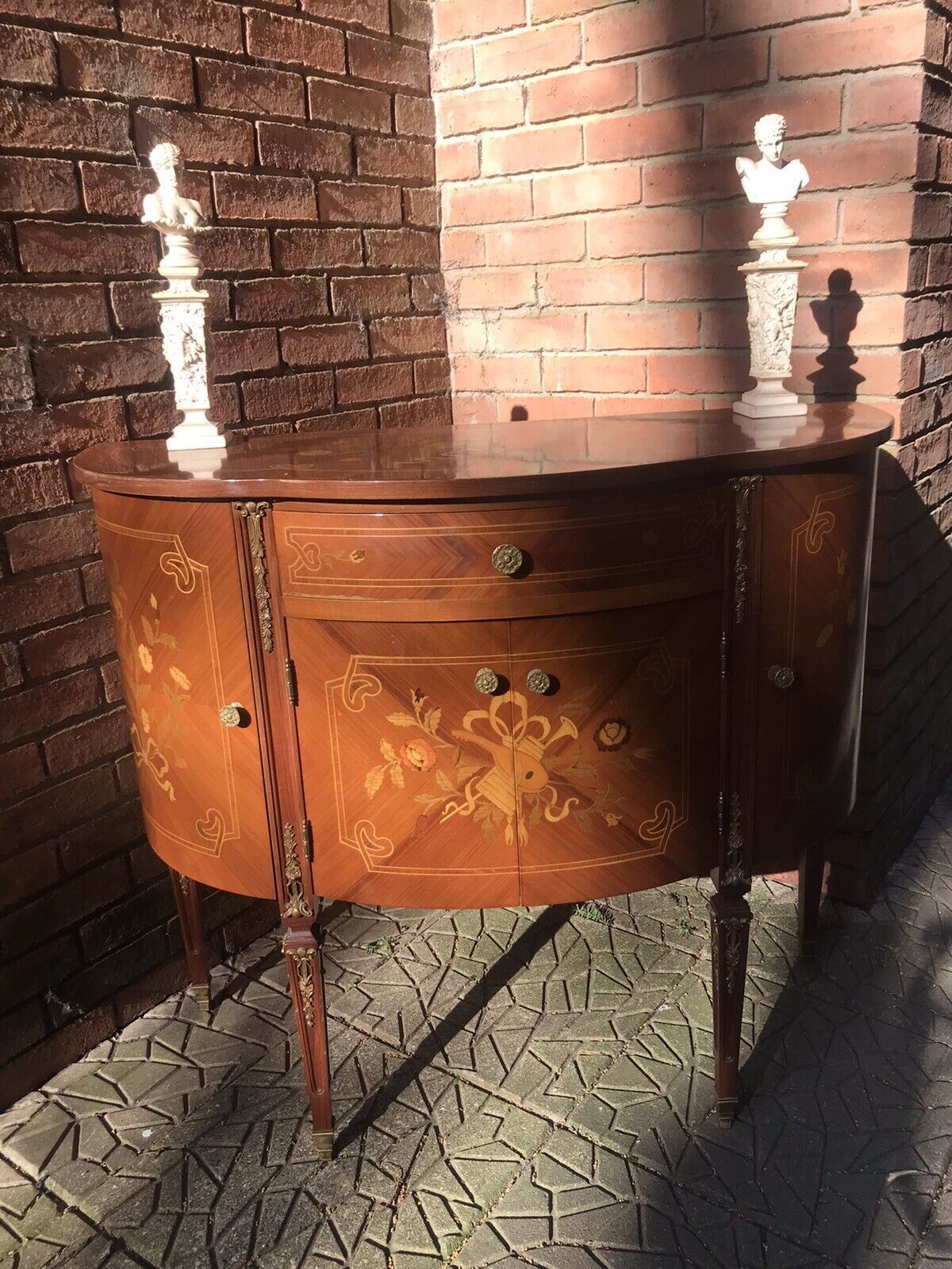 Italianate Marquetry Bow Front Commode With Romantic Floral Bouquet Inlays