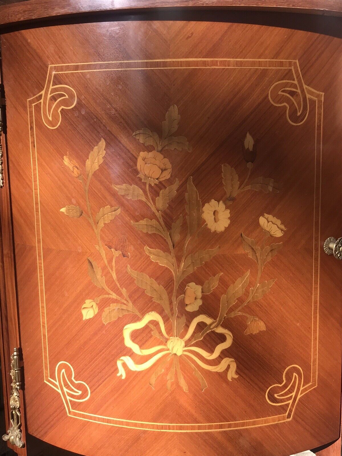 Italianate Marquetry Bow Front Commode With Romantic Floral Bouquet Inlays photo vintage