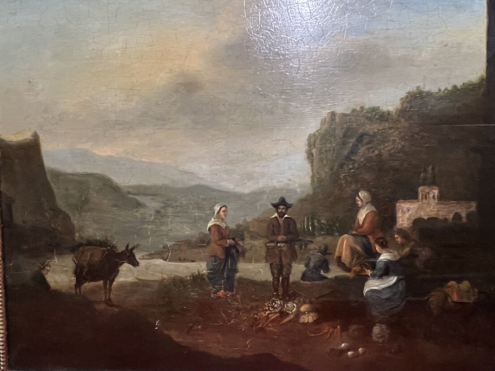 Dutch 18th Century Old Master Oil Painting 'Peasant Figures In Castle Landscape' photo vinterior