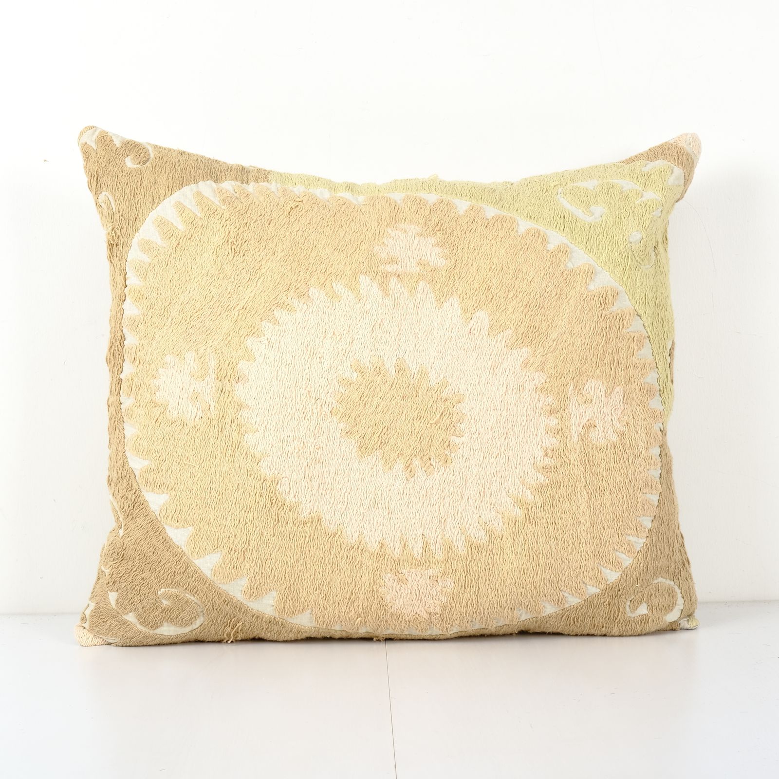 Suzani Yellow Square Pillow Case Fashioned From A Mid 20th Century Uzbek Suzani, Samarkand Cushion Cover 21'' X 25''