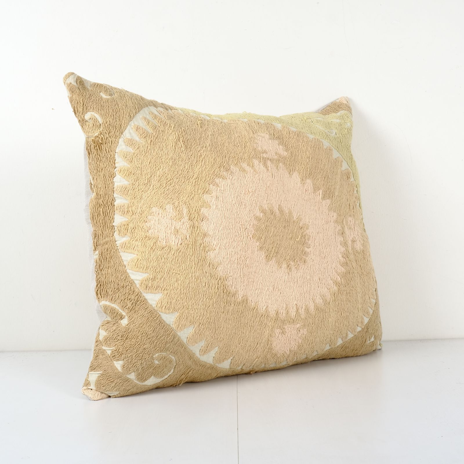 Suzani Yellow Square Pillow Case Fashioned From A Mid 20th Century Uzbek Suzani, Samarkand Cushion Cover 21'' X 25'' photo Textiles