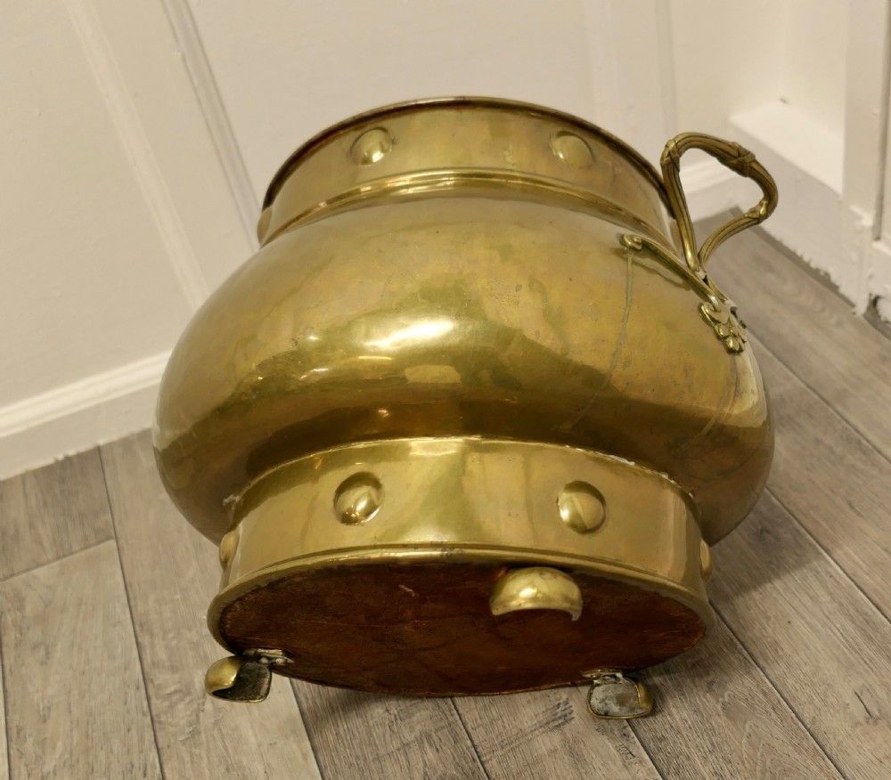 19th Century Pot Belly Brass Coal Bucket On Feet photo vintage