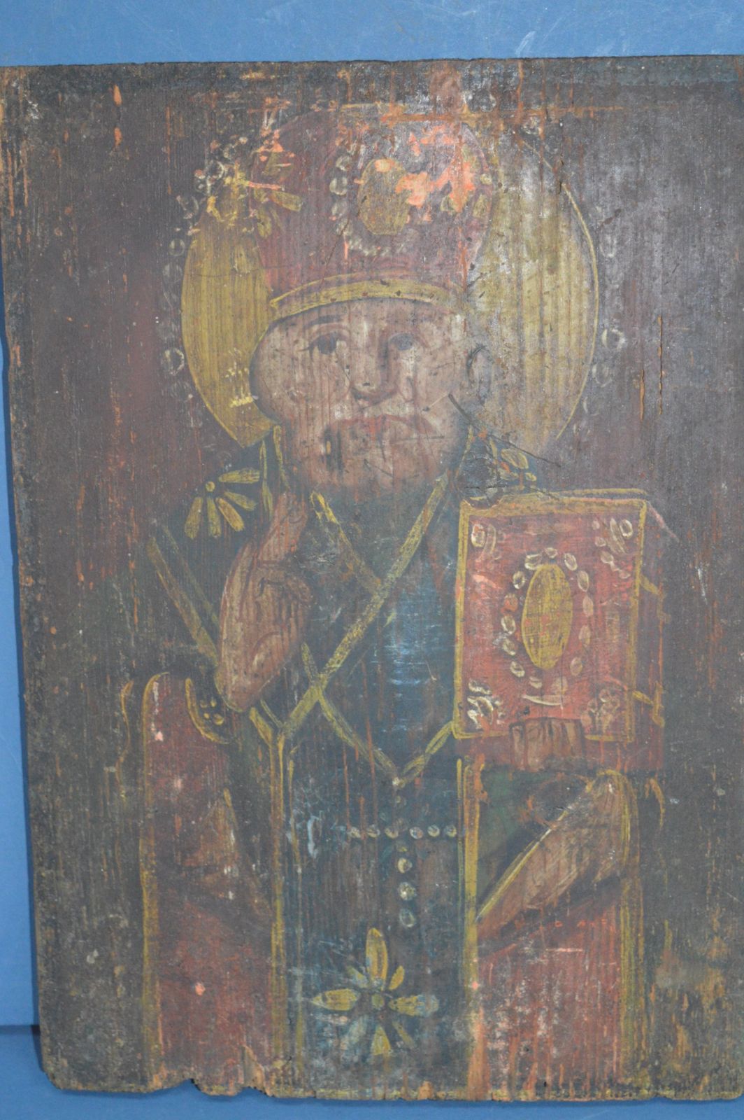 Large Mid 19th Century Hand Painted Russian Icon,C1850.Handpainted Onto Wood Panel