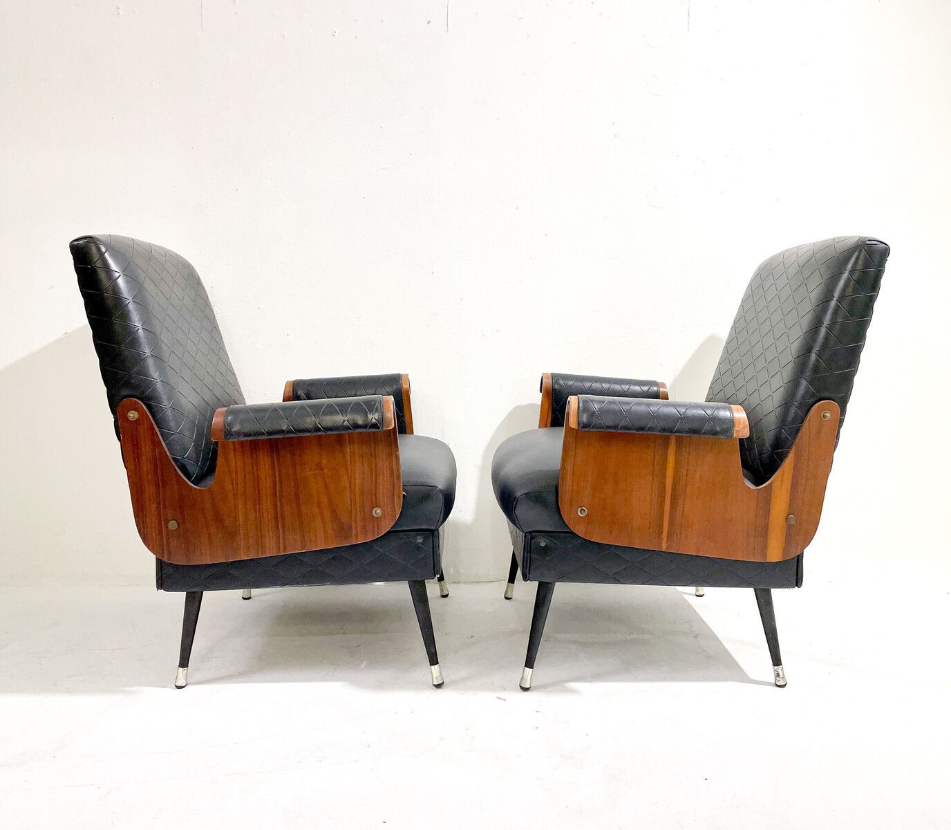 Pair Of Mid Century Modern Armchairs In Walnut & Vegan Leather photo for sale