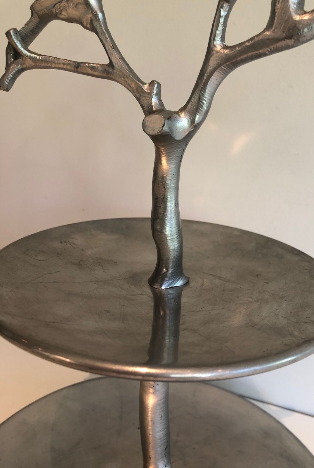 photo furniture Suite Of 3 Aluminum Serving Pieces Decorated With Birds And Branches
