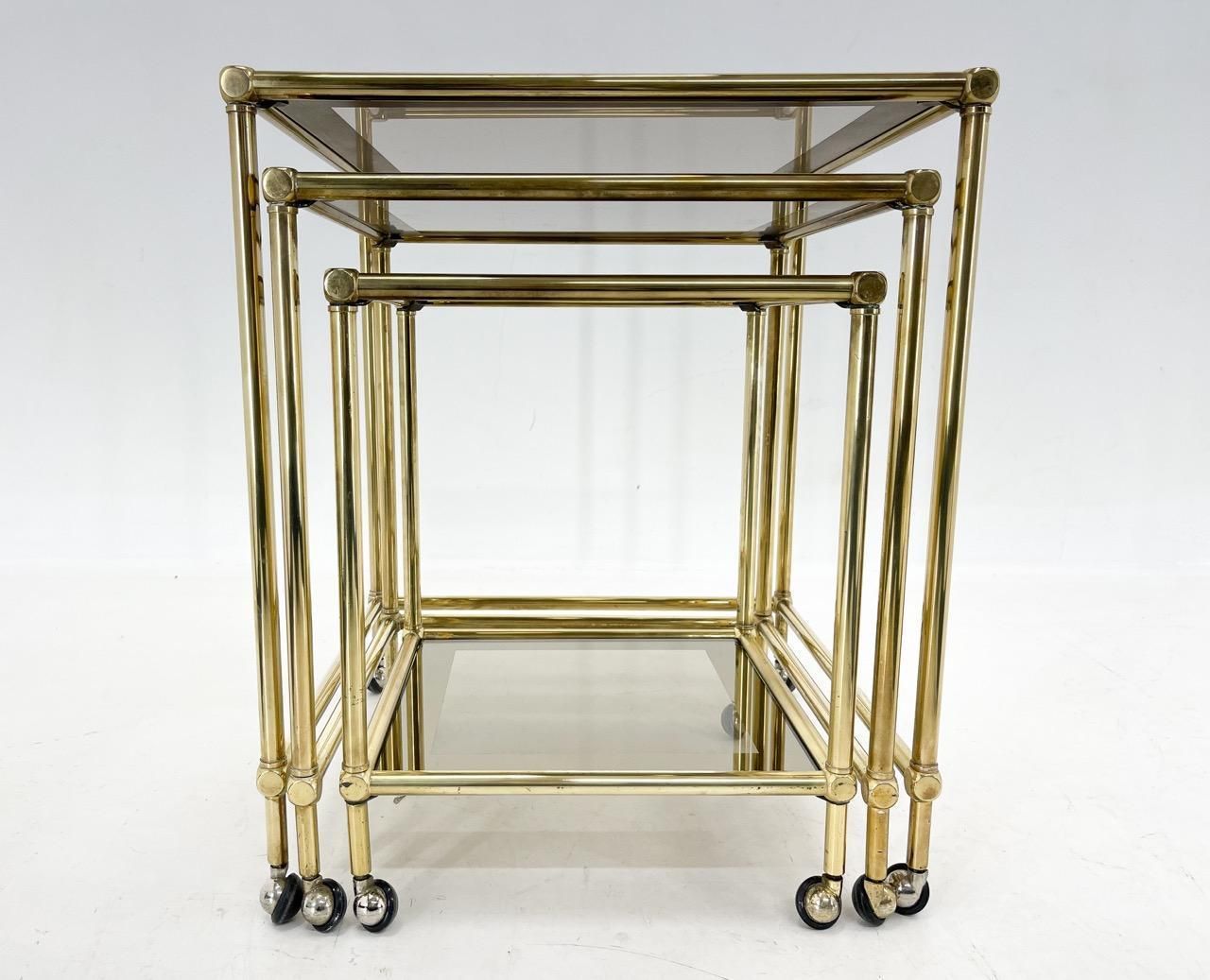 1970's Italian Brass & Smoked Glass Nesting Tables photo for sale