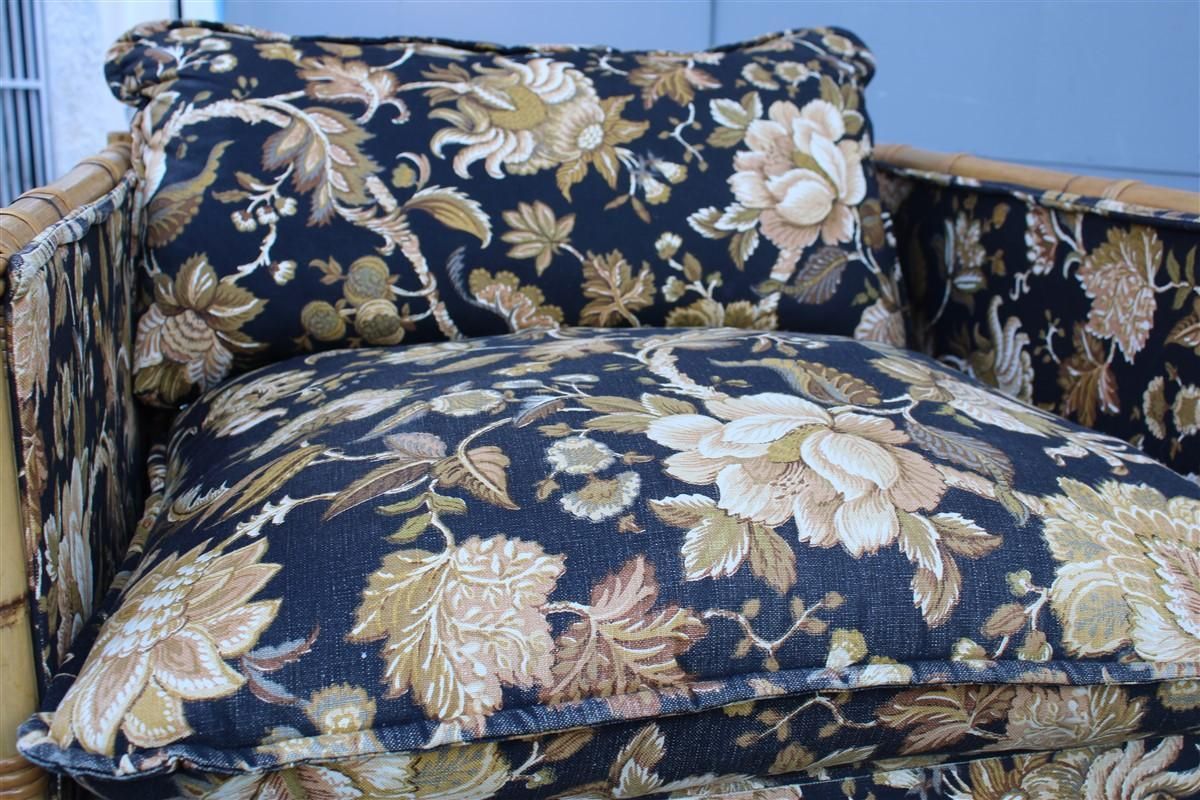 photo for sale Mid Century Italian Armchair In Cane And Bamboo Fabric With Vivai Del Sud Flower