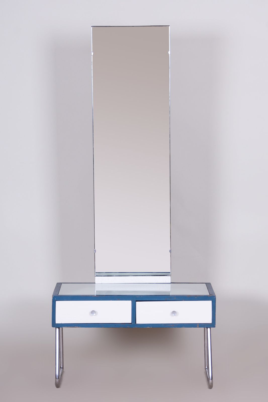 Blue And White Chrome Bauhaus Dressing Mirror, Made In 1930s, Czechia   Vichr A Spol. photo furniture